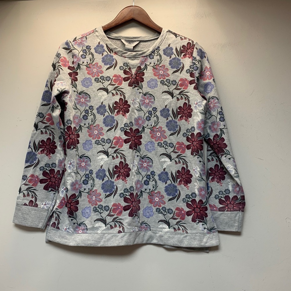 Ascend Floral Sweatshirt Women Medium Gray Burgundy Excellent Pullover Fleece